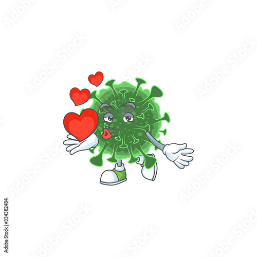 A romantic cartoon character of wuhan coronavirus with a heart