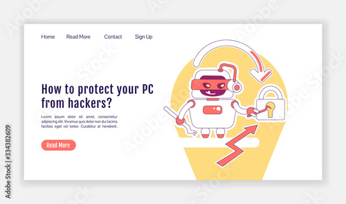 Bad bot landing page flat silhouette vector template. Malicious malware homepage layout. Protecting PC from hackers one page website interface with cartoon outline character. Web banner, webpage