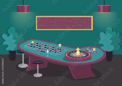 Roulette table flat color vector illustration. Spin wheel to win bet. Put stake on black and red. Gambling entertainment. Casino room 2D cartoon interior with luxury decoration on background
