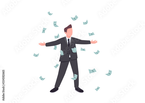Millionaire flat color vector faceless character. Male winner enjoy cash prize. Person win jackpot in casino. Gambling entertainment player. Man in rain of falling money isolated cartoon illustration