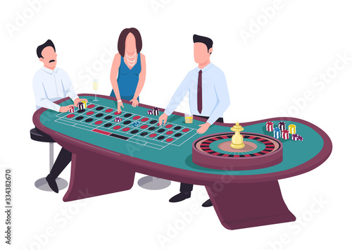 Gambler flat color vector faceless characters. Man put bet on red. Woman stake on black. Male gambler with chips. People play gamble at roulette table. Casino isolated cartoon illustration