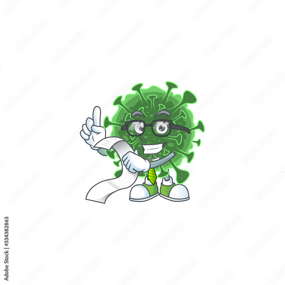 cartoon character of wuhan coronavirus holding menu on his hand cartoon character of wuhan coronavirus holding menu on his hand