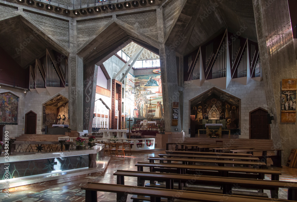 Nazareth, Israel, January 26, 2020: Upper church at the Basilica of the Annunciation in Nazareth Nazareth, Israel, January 26, 2020: Upper church at the Basilica of the Annunciation in Nazareth