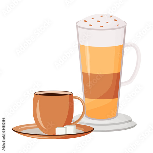 Coffee cartoon vector illustration. Layered caffeine drink. Caramel macchiato with whipped cream. Black tea. Cups with hot drinks flat color object. Cappuccino isolated on white background