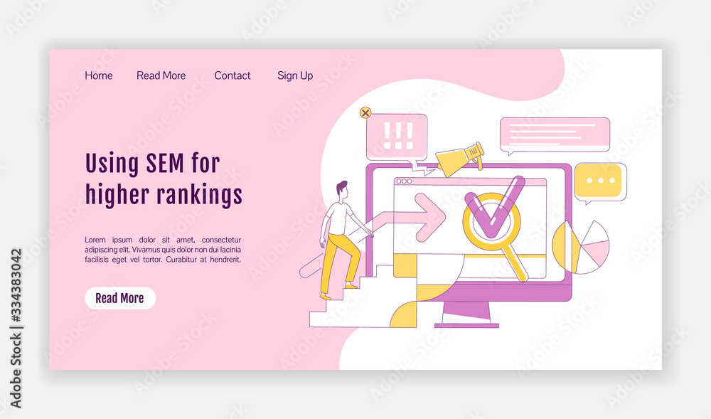 SEM landing page flat silhouette vector template. Internet advertising homepage layout. Search optimization strategies one page website interface with cartoon outline character. Web banner, webpage SEM landing page flat silhouette vector template. Internet advertising homepage layout. Search optimization strategies one page website interface with cartoon outline character. Web banner, webpage