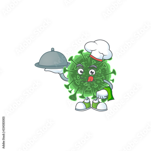 chef cartoon character of wuhan coronavirus with food on tray