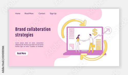 Brand collaboration strategies landing page flat silhouette vector template. Affiliate marketing homepage layout. One page website interface with cartoon outline character. Web banner, webpage