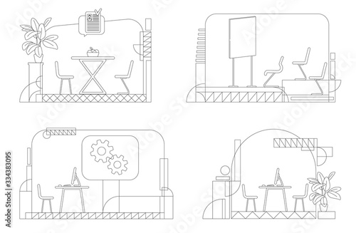 Company interior outline vector illustrations set. Empty corporate rooms contour composition on white background. Lounge zone, briefing room, and business offices simple style drawings pack