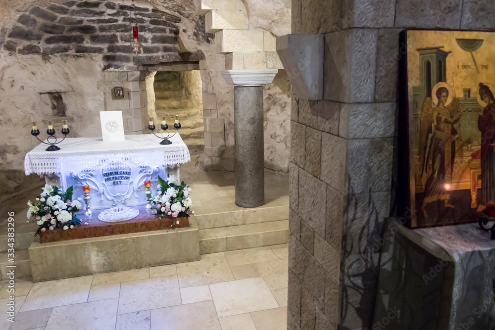 Nazareth, Israel, January 26, 2020: Lower chapel with an altar at the Basilica of the Annunciation in Nazareth Nazareth, Israel, January 26, 2020: Lower chapel with an altar at the Basilica of the Annunciation in Nazareth