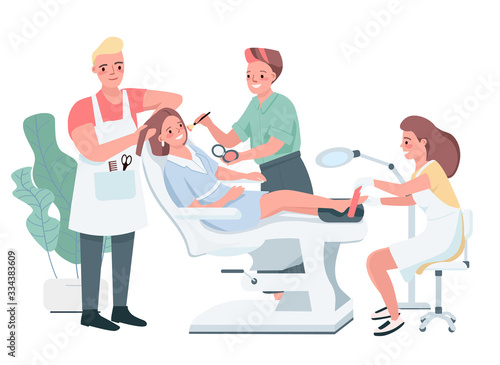 Cosmetic treatment flat color vector characters. Male hairdresser doing haircut. Beautician applying make up. Woman doing pedicure. Beauty salon procedure isolated cartoon illustration