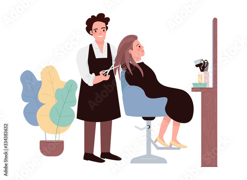 Hairdressing flat color vector characters. Male hairstylist doing haircut. Female caucasian client getting hairdo. Professional hairdresser. Beauty salon procedure isolated cartoon illustration