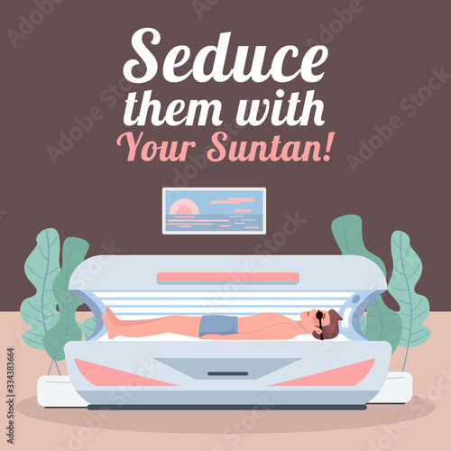Tanning social media post mockup. Seduce them with your suntan phrase. Web banner design template. Solarium booster, content layout with inscription. Poster, print ads and flat illustration