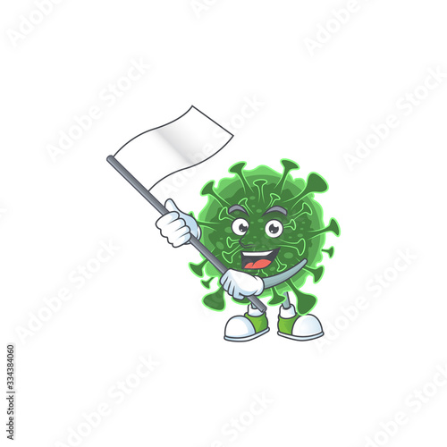 A patriotic wuhan coronavirus mascot character design holding standing flag