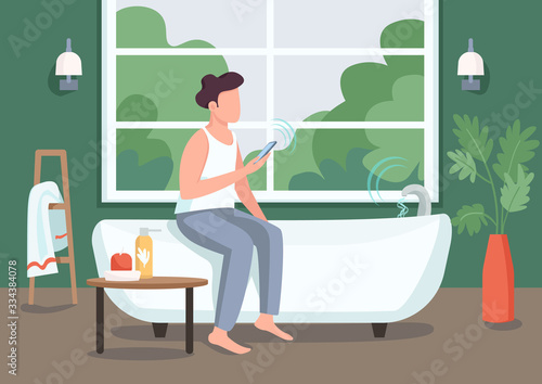 Guy in smart bathroom flat color vector illustration. Young man with smartphone 2D cartoon character with automated bathtub on background. Remote water flow control. Innovative technology in life