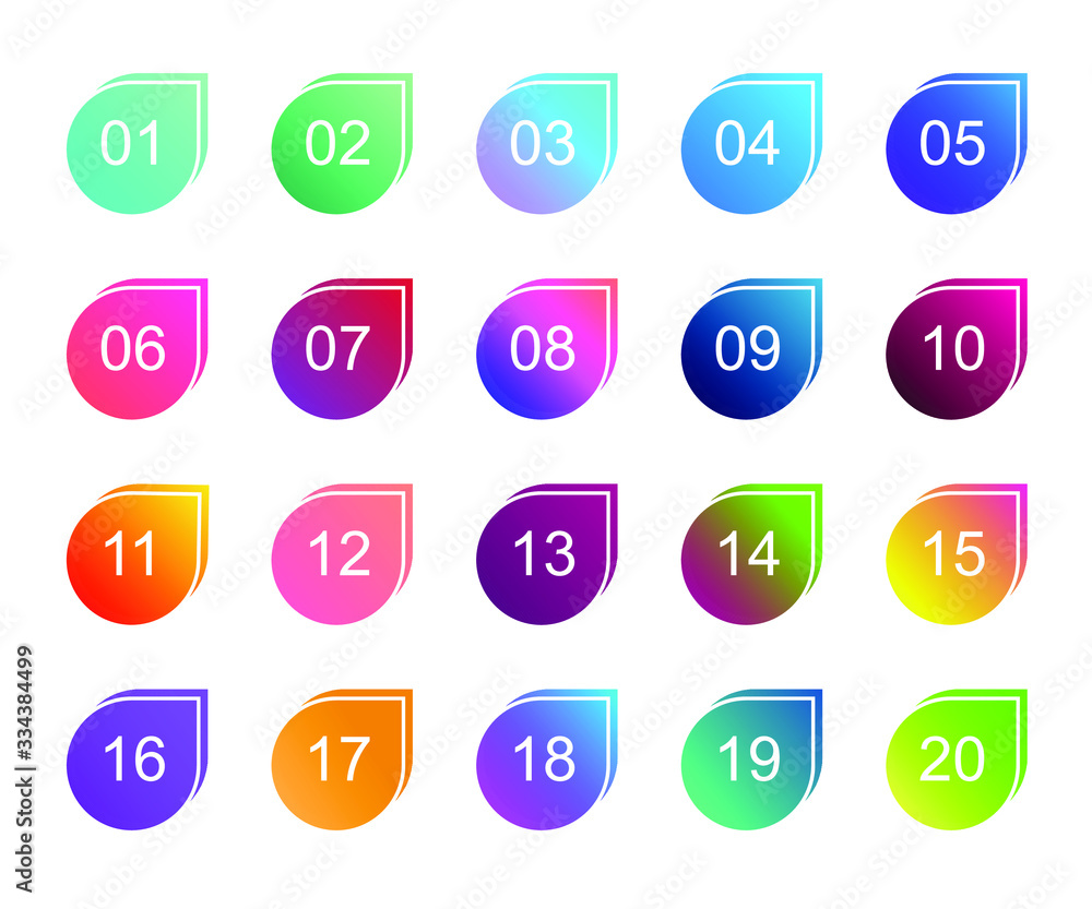 Super set arrow bullet point triangle flags on white background. Colorful gradient markers with number from 1 to 20. Modern vector illustration Super set arrow bullet point triangle flags on white background. Colorful gradient markers with number from 1 to 20. Modern vector illustration