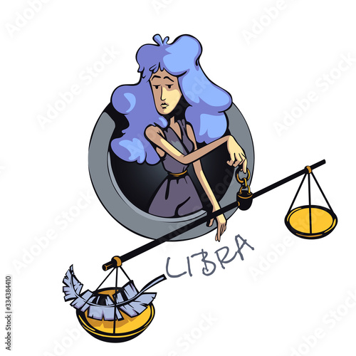 Libra zodiac sign woman flat cartoon vector illustration. Air astrological symbol characteristics, lady with scales. Ready to use 2d character for commercial, printing design. Isolated concept icon