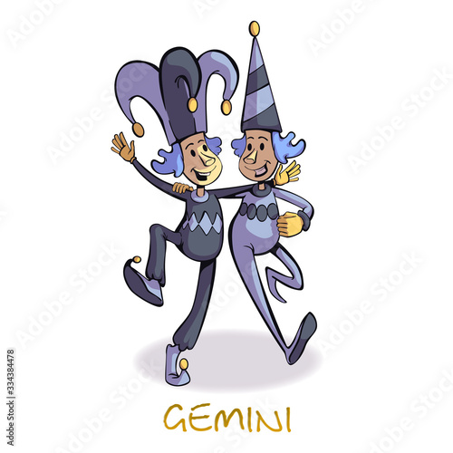Gemini zodiac sign people flat cartoon vector illustration. Twins in jester hat, astrological symbol. Ready to use 2d character template for commercial, animation, printing design. Isolated comic hero