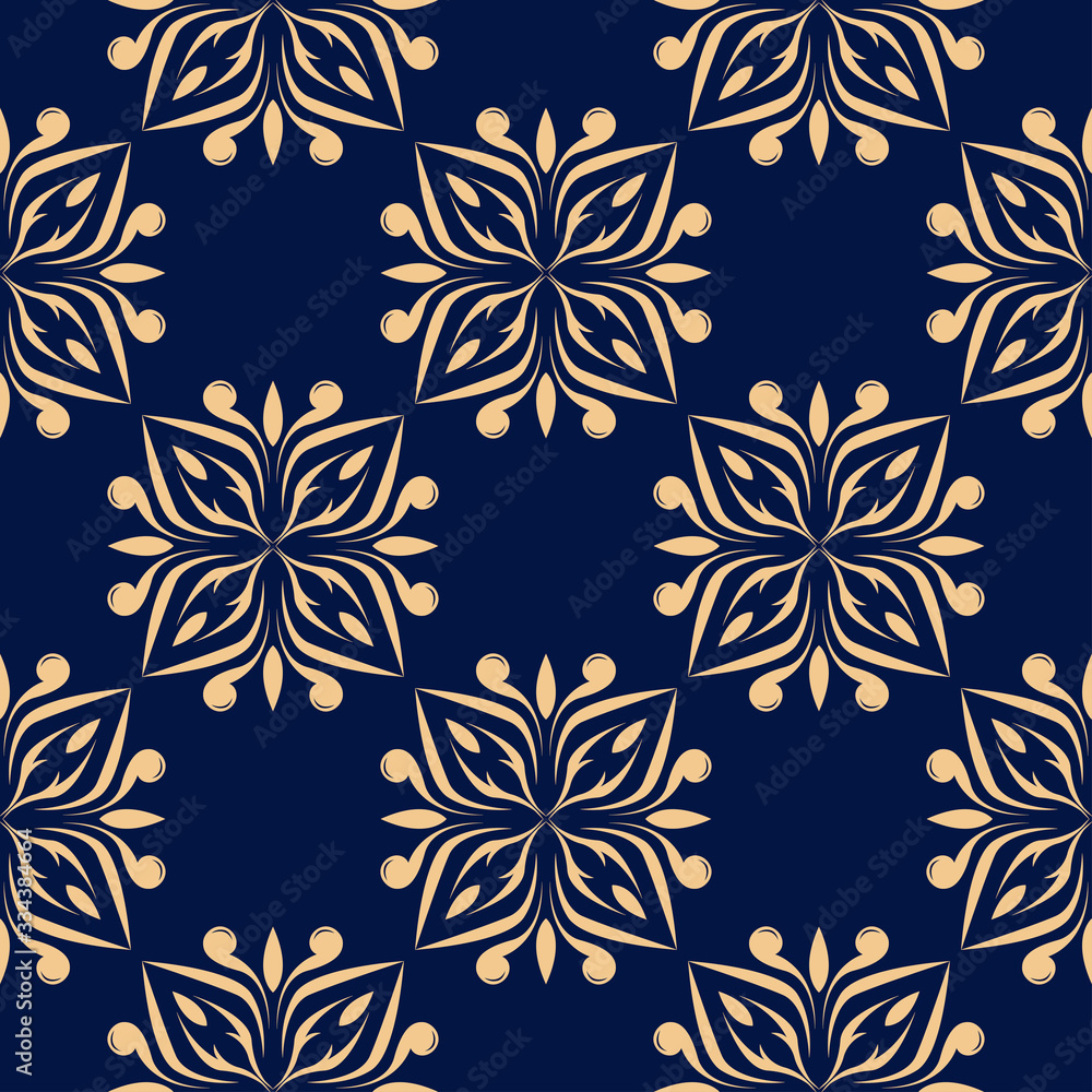 Floral seamless pattern. Golden design on deep blue background
