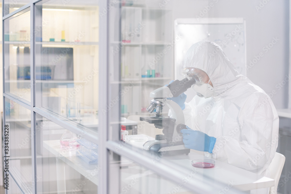 Lab worker in protective workwear studying viruses and antidotes in lab Lab worker in protective workwear studying viruses and antidotes in lab