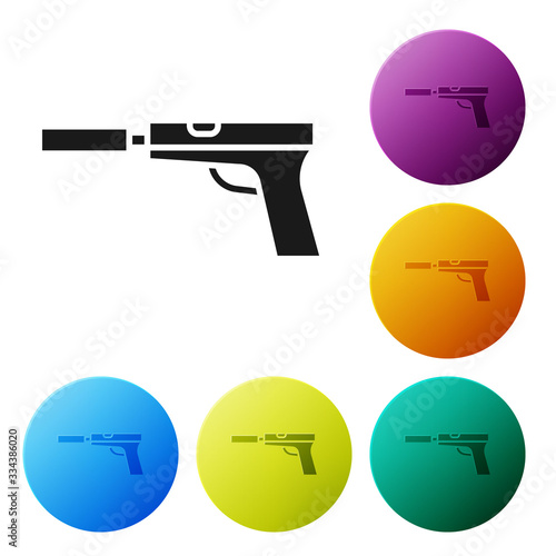 Black Pistol or gun with silencer icon isolated on white background. Set icons in color circle buttons. Vector Illustration