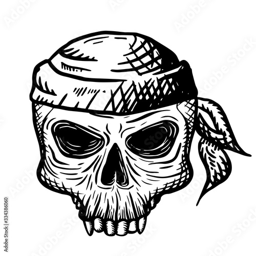 Hand drawn skull of a dead man in a bandana, on a white background. Vector illustration (ID: 334386060)
