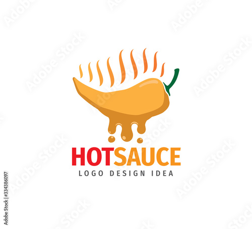 yellow hot chilli pepper with sauce drop and smoke flame vector logo design