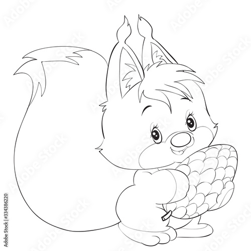 cute squirrel in cartoon style holds a big bump in its paws, coloring, outline drawing, isolated object on a white background, vector illustration, eps