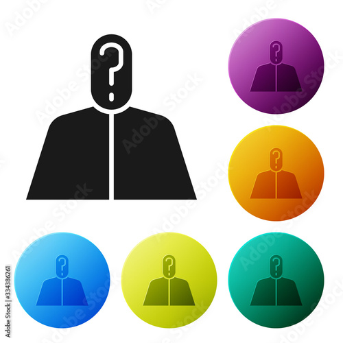 Black Anonymous man with question mark icon isolated on white background. Unknown user, incognito profile, business secrecy, obscurity. Set icons in color circle buttons. Vector Illustration