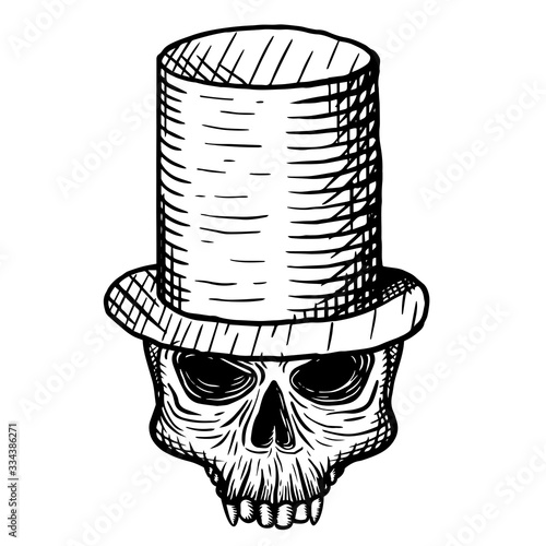 Hand-drawn skull of a dead man in a top hat, on a white background. Vector illustration (ID: 334386271)