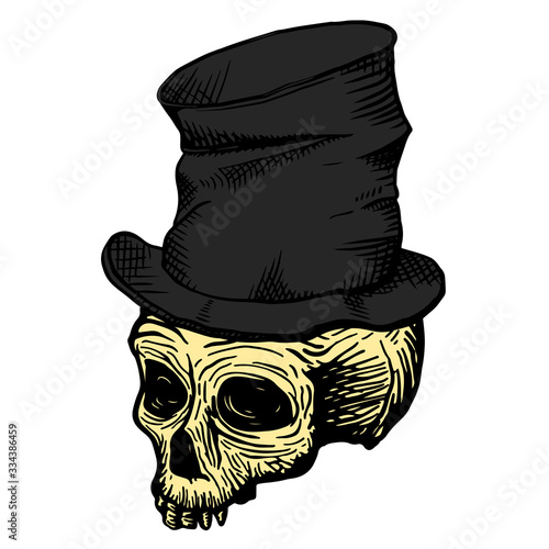 Hand drawn skull of a dead man in a black crumpled top hat, on a white background. Vector illustration (ID: 334386459)