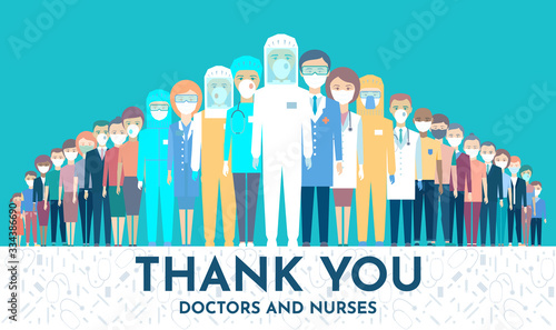 Doctors are up front in the fight against Coronavirus. Protecting people behind the back of medical staff. Thank you doctors and nurses working in the hospitals and fighting the coronavirus. Postcard