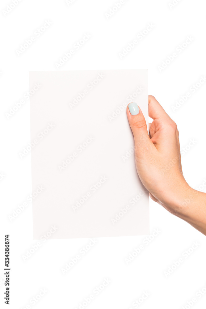 female hand isolated on white background holding card with text place - Image female hand isolated on white background holding card with text place - Image