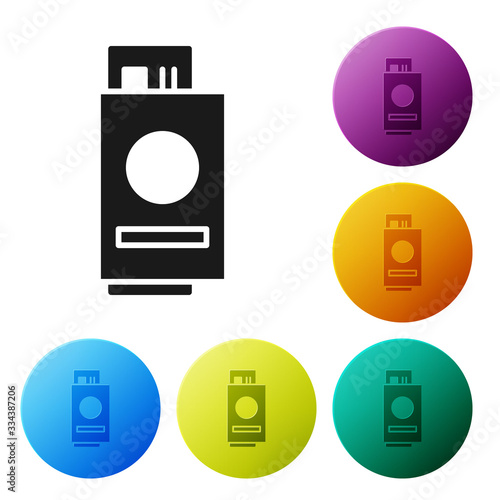 Black Passport with ticket icon isolated on white background. Identification Document. Concept travel and tourism. Set icons in color circle buttons. Vector Illustration