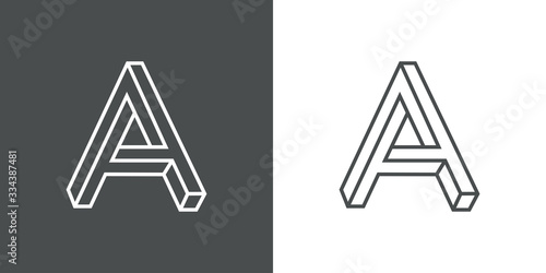 Icono lineal letra inicial A tridimensional en perspectiva imposible en fondo gris y fondo blanco