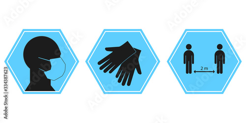 Virus prevention measures - medical mask, gloves, maintaining distance between people. Vector illustration