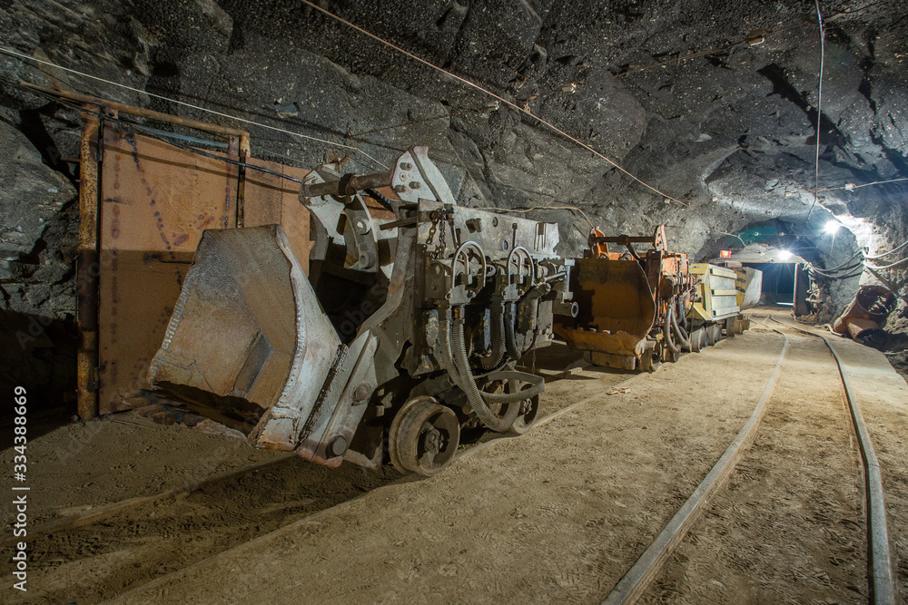 Ore loading machine eimco in underground gold mine tunnel