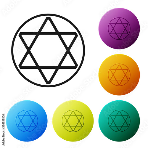Black Star of David icon isolated on white background. Jewish religion symbol. Symbol of Israel. Set icons in color circle buttons. Vector Illustration