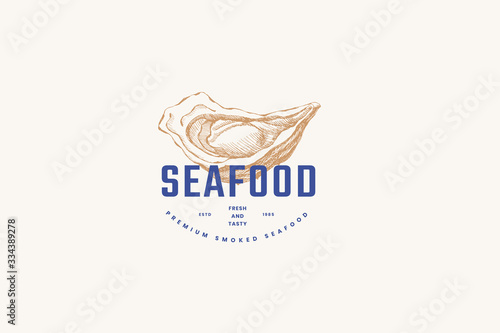 Hand-drawn oyster shell vector illustration. Logo template for a menu of a fish restaurant, market or seafood store. Emblem of delicacy in the engraving style on a light background.