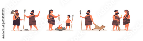 Set of stone age people on isolated background. Primitive people hold ancient hunting tools, fry food at the stake, get food, declare their love. Vector illustration in flat cartoon style.