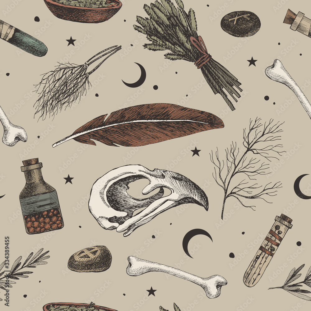 Seamless pattern with magic background for witches and wizards. Mystical objects for witchcraft vector illustration. Skull of a bird, banks with a potion, dry herbs, stones with runes, feather.
