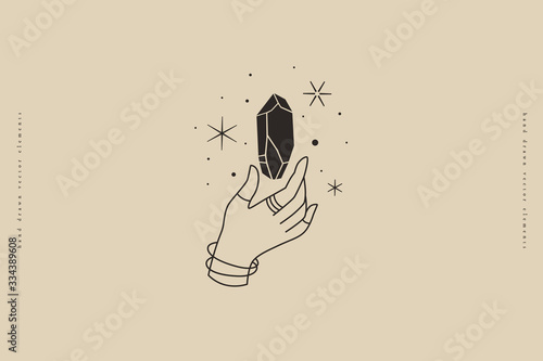 Magic quartz stone sparkles and soars above the hand. Magic crystal in a trendy linear style on a light background. Mystical retro symbols for spiritual practices, ethnic rites. Tattoo sketch.