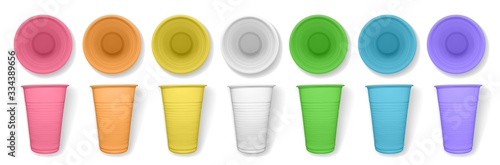 Set of realistic plastic cup on a white background. Classic white and color disposable tableware. Realistic vector 3D illustration in EPS10 format.