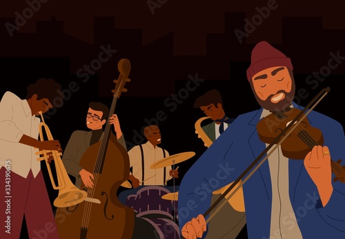 Team of hipster male jazz band playing at musical instrument isolated on black background. People play on saxophone, violin, drum and double bass at music festival. Performance of orchestra