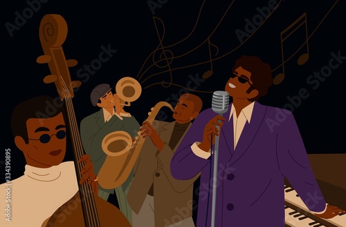 Music man playing musician instrument and singing vector graphic illustration...
