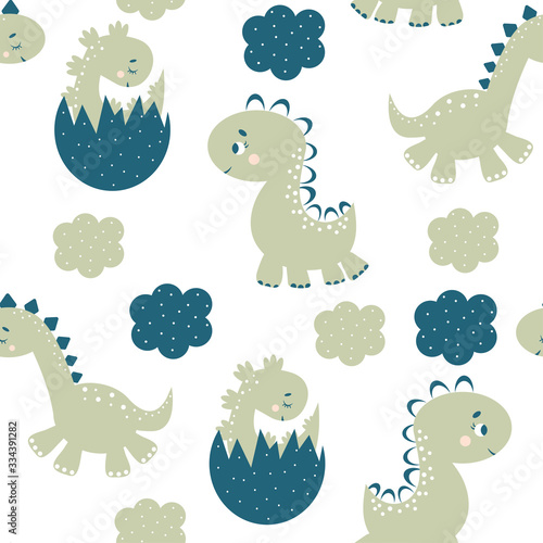 Fototapeta Naklejka Na Ścianę i Meble -  Seamless pattern with cute gray dinosaurs and clouds on a white background. Children's illustration in a funny cartoon style. Baby Vector Illustration. Creative childish background for fabric.