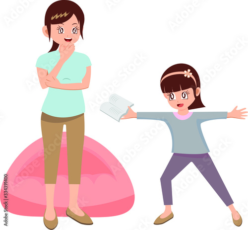 Daughter give pose for her school excercise to her mother