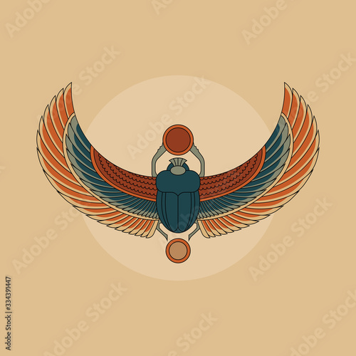Colorful illustration of the Egyptian scarab beetle, personifying the god Hepri.