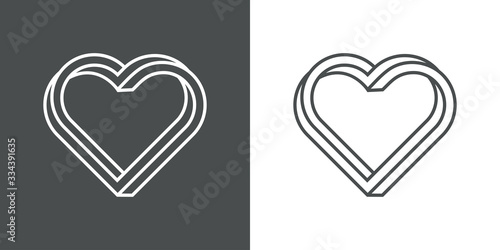 Icono lineal corazón tridimensional en perspectiva imposible en fondo gris y fondo blanco