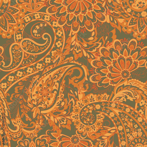 Paisley ethnic seamless vector pattern with floral elements.