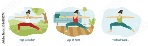 Collection of young women in the warrior pose in different locations. Asana for health promotion on the street and in a home. Favorite hobby. Practice for body and soul. Cartoon vector illustration.
